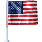 US Flag for Car Window - 11 x 14 knit polyester with 21 pole, featuring stars and stripes, designed for durable display from a car window.