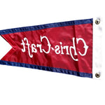 Chris Craft Vintage Boat Burgee 10 x 17, red with white text, custom sewn nylon applique, canvas header, brass grommets, single-sided with reverse on back.