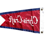 Chris Craft Vintage Boat Burgee 10 x 17, red with white text, custom sewn nylon applique, canvas header, brass grommets, single-sided with reverse on back.