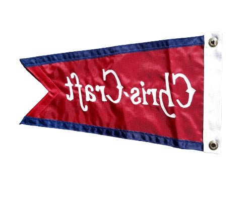 Chris Craft Vintage Boat Burgee 10 x 17, red with white text, custom sewn nylon applique, canvas header, brass grommets, single-sided with reverse on back.