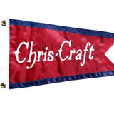 Chris Craft Vintage Boat Burgee 10 x 17 sewn applique on red nylon with white Chris Craft text, solid canvas header, and brass grommets.