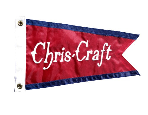 Chris Craft Vintage Boat Burgee 10 x 17 sewn applique on red nylon with white Chris Craft text, solid canvas header, and brass grommets.