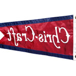 Chris Craft Vintage Boat Burgee 11 x 19 with white text on red nylon, featuring old-style font, solid canvas header, and brass grommets.