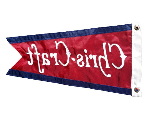 Chris Craft Vintage Boat Burgee 11 x 19 with white text on red nylon, featuring old-style font, solid canvas header, and brass grommets.