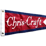 Chris Craft Vintage Boat Burgee 11 x 19 sewn applique on red nylon, featuring white text and finished with a solid canvas header and brass grommets.