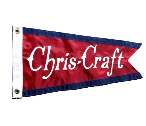 Chris Craft Vintage Boat Burgee 11 x 19 sewn applique on red nylon, featuring white text and finished with a solid canvas header and brass grommets.