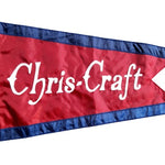 Chris Craft Vintage Boat Burgee 16 x 24 Sewn Applique on Red Nylon, featuring white retro style text, custom sewn with nylon applique and brass grommets.