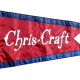 Chris Craft Vintage Boat Burgee 16 x 24 Sewn Applique on Red Nylon, featuring white retro style text, custom sewn with nylon applique and brass grommets.