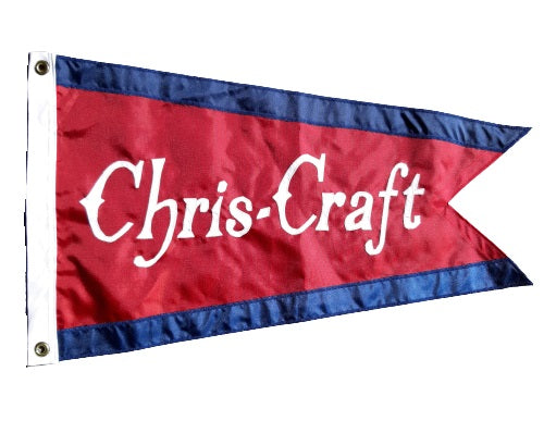 Chris Craft Vintage Boat Burgee 16 x 24 Sewn Applique on Red Nylon, featuring white retro style text, custom sewn with nylon applique and brass grommets.