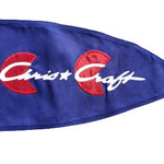 Chris Craft Boat Bow Pennant 9 x 20 sewn applique with white text on blue cotton, featuring a solid canvas header and brass grommets.