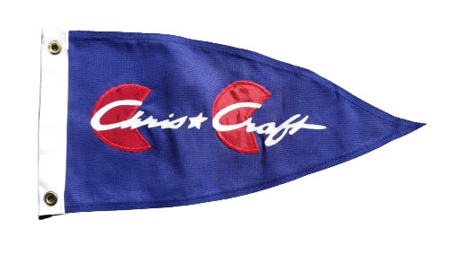 Chris Craft Boat Bow Pennant 9 x 20 sewn applique with white text on blue cotton, featuring a solid canvas header and brass grommets.