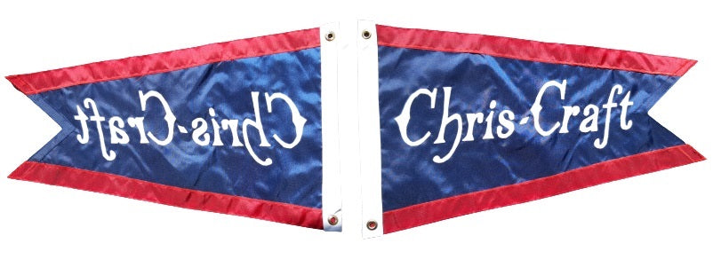 Chris Craft Vintage Boat Burgee, 16x24 sewn applique nylon, featuring retro Chris Craft text, custom-sewn with white canvas header and brass grommets.