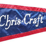 Chris Craft Vintage Boat Burgee 16 x 24 sewn applique nylon flag, blue background with retro Chris Craft font, white canvas header, and brass grommets.