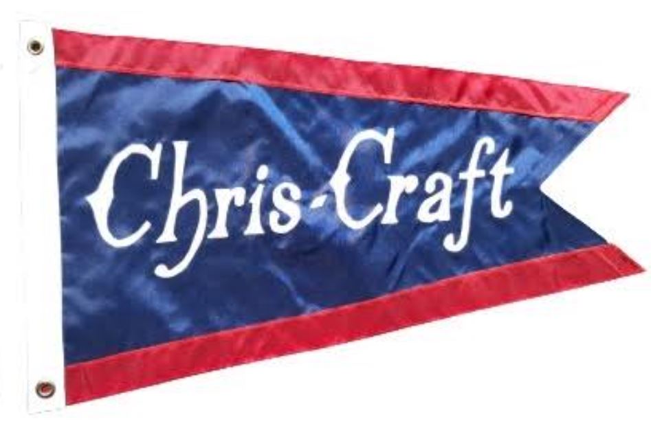 Chris Craft Vintage Boat Burgee 16 x 24 sewn applique nylon flag, blue background with retro Chris Craft font, white canvas header, and brass grommets.