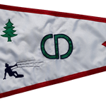 Custom SEWN Applique BURGEE featuring a white and red pennant with a black silhouette of a man and a tree, bordered in black and red.