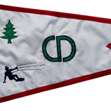 Custom SEWN Applique BURGEE featuring a white and red pennant with a black silhouette of a man and a tree, bordered in black and red.