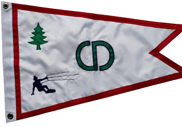 Custom SEWN Applique BURGEE featuring a white and red pennant with a black silhouette of a man and a tree, bordered in black and red.