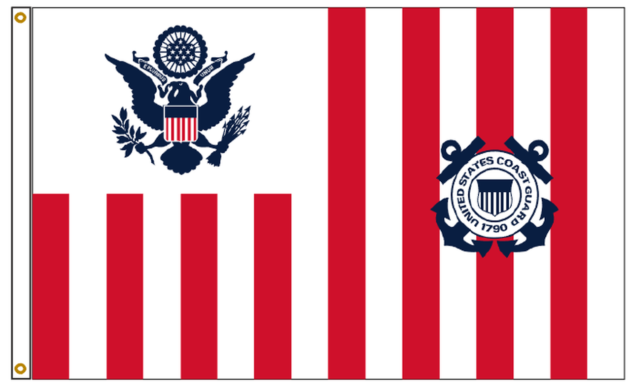 US Coast Guard Ensign Nylon Printed Flag 12 x 18 featuring an anchor and emblem, with headers and brass grommets for display.