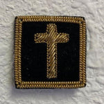 Chaplain Yacht Club Officer Insignia Pin: Black felt square with gold embroidered cross, hand-stitched, featuring a gold bullion silk thread outline and pinback.