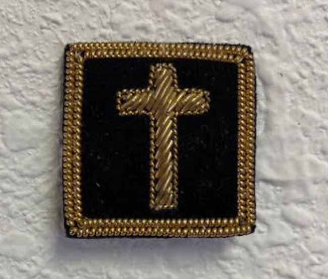 Chaplain Yacht Club Officer Insignia Pin: Black felt square with gold embroidered cross, hand-stitched, featuring a gold bullion silk thread outline and pinback.