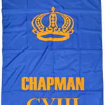 Custom SEWN Applique FLAG showing a blue flag with a crown and text, made from UV resistant nylon with brass grommets.