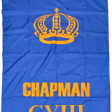 Custom SEWN Applique FLAG showing a blue flag with a crown and text, made from UV resistant nylon with brass grommets.