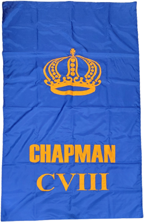 Custom SEWN Applique FLAG showing a blue flag with a crown and text, made from UV resistant nylon with brass grommets.