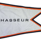 Custom SEWN Applique BURGEE featuring a white flag with black text, made of double-layered 200 denier nylon, with strong header and brass grommets.