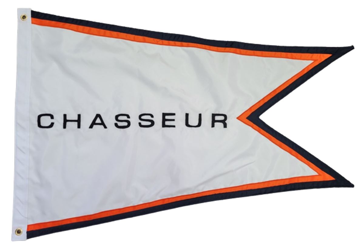 Custom SEWN Applique BURGEE featuring a white flag with black text, made of double-layered 200 denier nylon, with strong header and brass grommets.