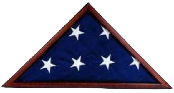 US Flag Memorial CHERRY Case for 5' x 9.5' US Flag, showcasing a flag with stars in a solid cherry wood frame and a beveled glass front.