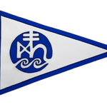 Custom SEWN Applique PENNANT featuring a blue and white triangle design, made from UV-resistant nylon with brass grommets for durability and easy display.