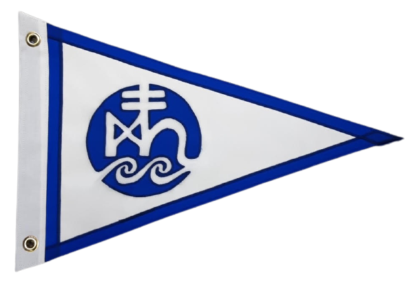 Custom SEWN Applique PENNANT featuring a blue and white triangle design, made from UV-resistant nylon with brass grommets for durability and easy display.