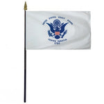 US Coast Guard Stick Flag 4 x 6 with blue emblem, mounted on a 10.5 plastic stick with a gold spear finial.