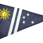 Custom SEWN Applique PENNANT featuring a blue triangle with white stripes and a yellow sun, crafted from UV-resistant nylon with brass grommets.