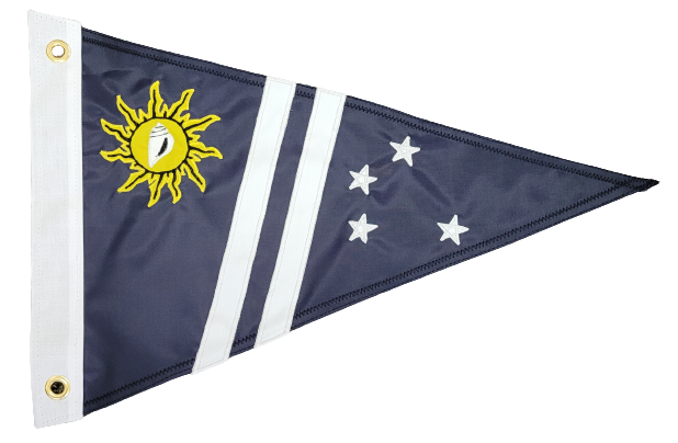 Custom SEWN Applique PENNANT featuring a blue triangle with white stripes and a yellow sun, crafted from UV-resistant nylon with brass grommets.