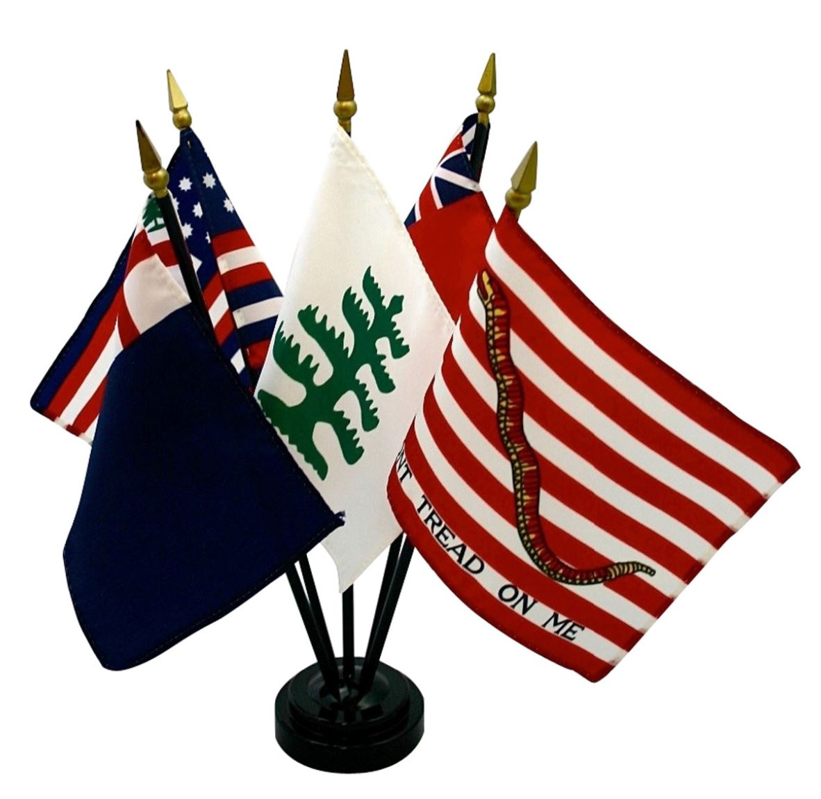 Colonial Historic 4 x 6 Desktop 5 Stick Flag Set with base, featuring five small historic flags displayed on a plastic stand, perfect for table tops.