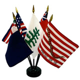 Colonial Historic 4 x 6 Desktop 5 Stick Flag Set with base, featuring five small historic flags displayed on a plastic stand, perfect for table tops.