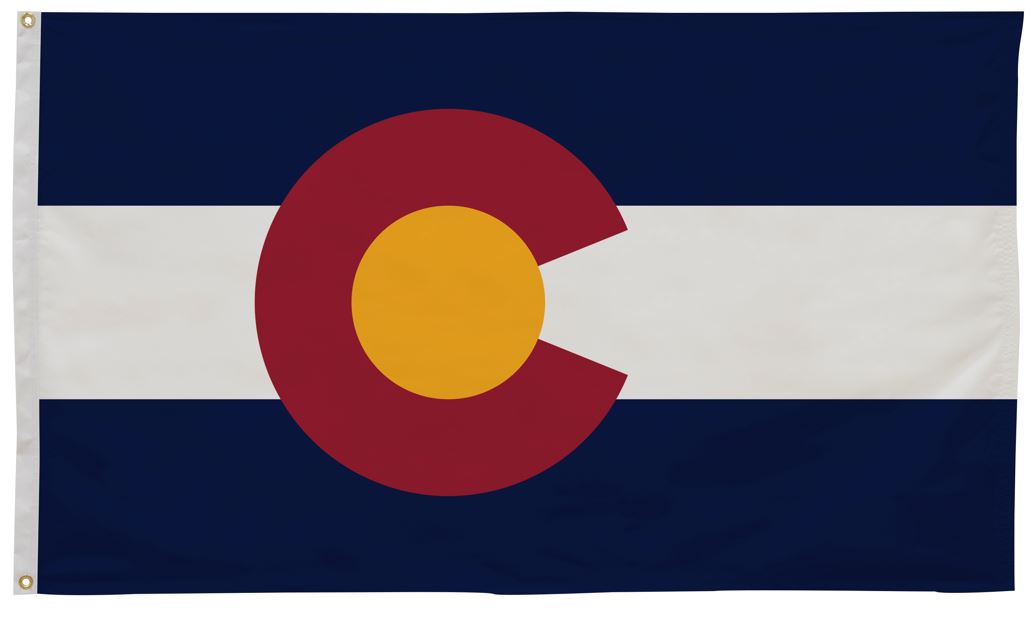 Colorado State Flag 2' x 3' Printed Nylon features a red circle and white stripe. Includes brass grommets, UV resistant, suitable for indoor/outdoor use.