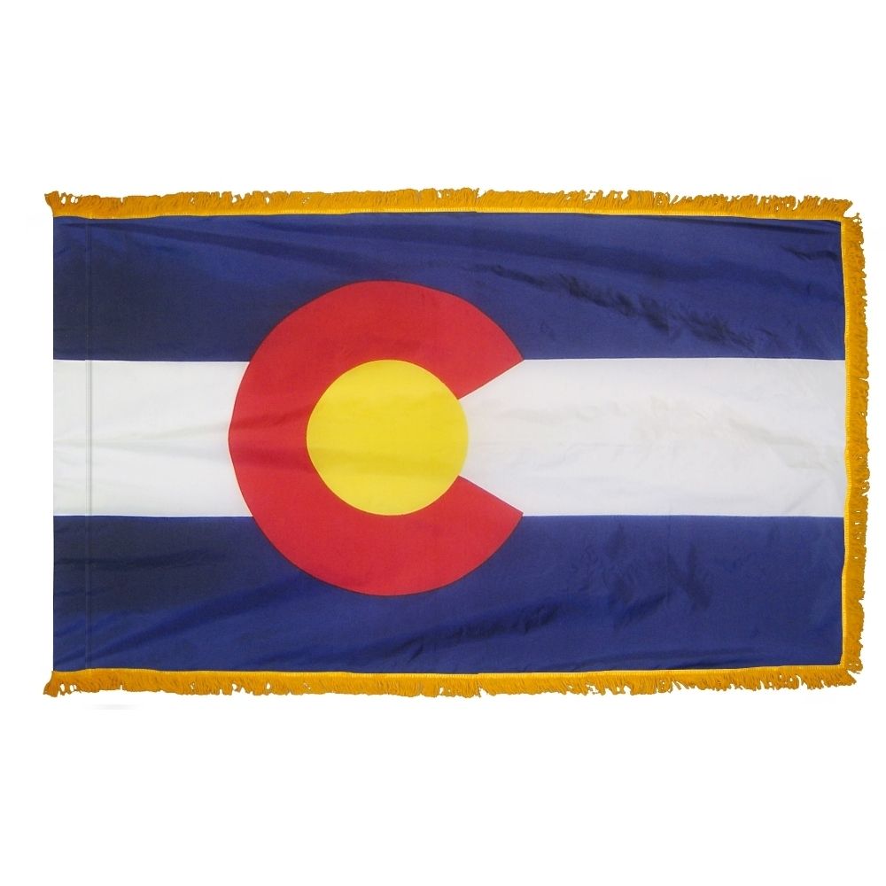 Colorado State Flag 3' x 5' INDOOR Printed Nylon with crimson cross, white field, flannel-lined pole sleeve, Velcro tabs, and golden yellow rayon fringe.