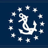 Commodore Yacht Club Officer Flag Printed 12 x 18, featuring a white anchor and stars on a blue background, made from durable, UV-resistant nylon with brass grommets.