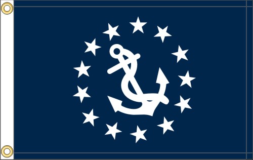 Commodore Yacht Club Officer Flag Printed 12 x 18, featuring a white anchor and stars on a blue background, made from durable, UV-resistant nylon with brass grommets.