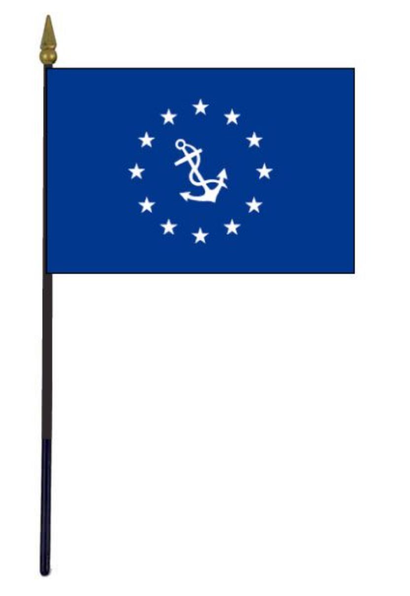 Commodore Yacht Club Officer 4 x 6 Printed Table Stick Flag with white stars and anchor on blue background, mounted on a black plastic staff with gold top.