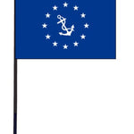 Commodore Yacht Club Officer 4 x 6 Printed Table Stick Flag with white stars and anchor on blue background, mounted on a black plastic staff with gold top.