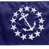 Commodore Yacht Club Officer Flag with sewn applique stars and anchor, 12 x 18 nylon, durable and fast-drying, made in Florida with brass grommets.