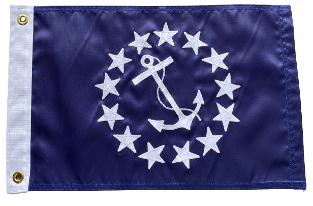 Commodore Yacht Club Officer Flag with sewn applique stars and anchor, 12 x 18 nylon, durable and fast-drying, made in Florida with brass grommets.