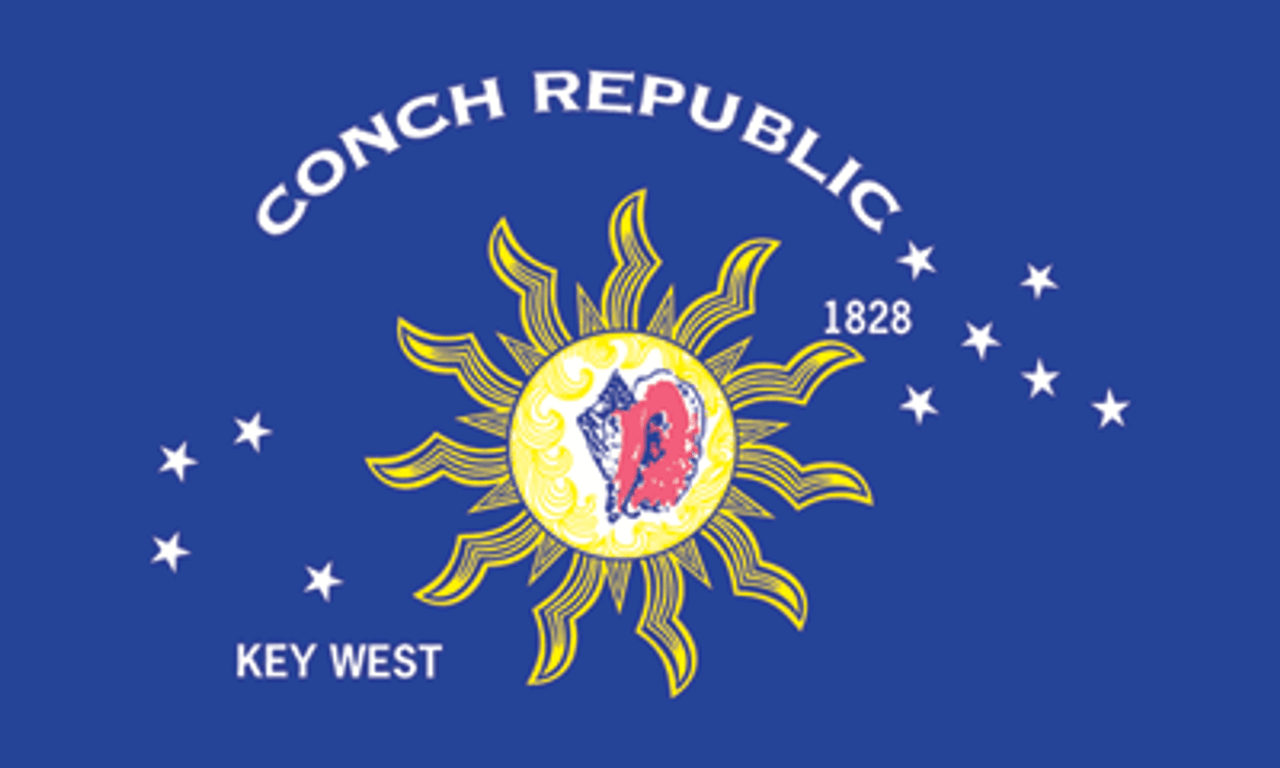 Conch Republic Flag 3' x 5' Printed Nylon with yellow sun and white text on blue background, featuring strong canvas header and brass grommets.