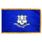 Connecticut State Flag 3' x 5' INDOOR Printed Nylon with white emblem, grapevine symbol, and golden yellow fringe.