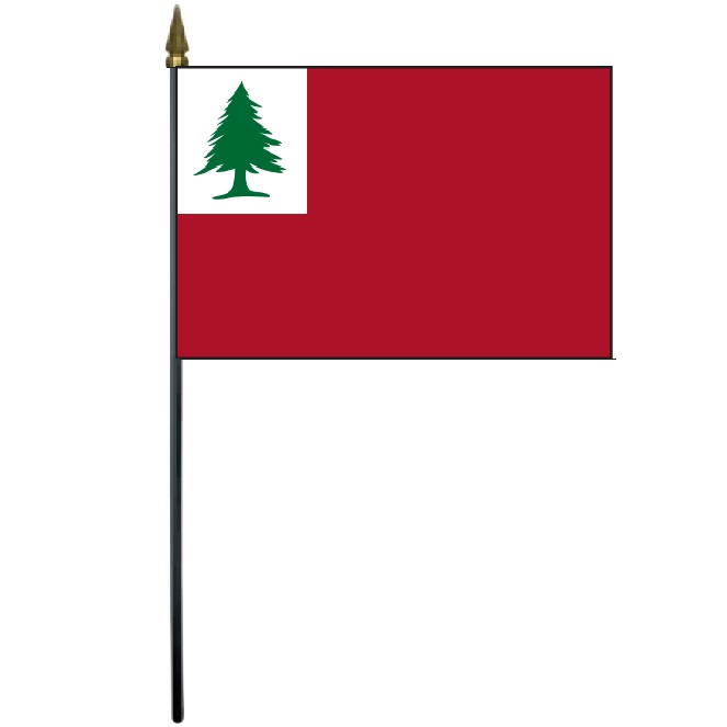 Continental Historic Stick Flag 4 x 6 with New England pine tree on a red flag, mounted on a 10.5 plastic stick with gold spear finial.