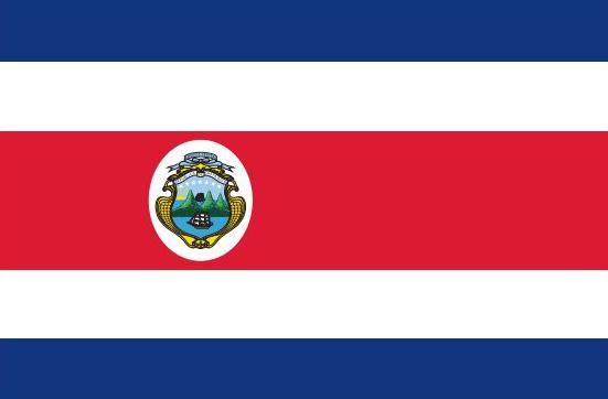 Costa Rica Flag Printed Nylon 2' x 3' with a red, white, and blue stripe, featuring strong canvas header and brass grommets for indoor or outdoor use.