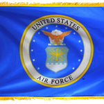 Crown US Air Force Flag Printed Nylon Fringe 4' x 6' featuring the Air Force coat of arms and eagle emblem on a blue background with gold fringe.